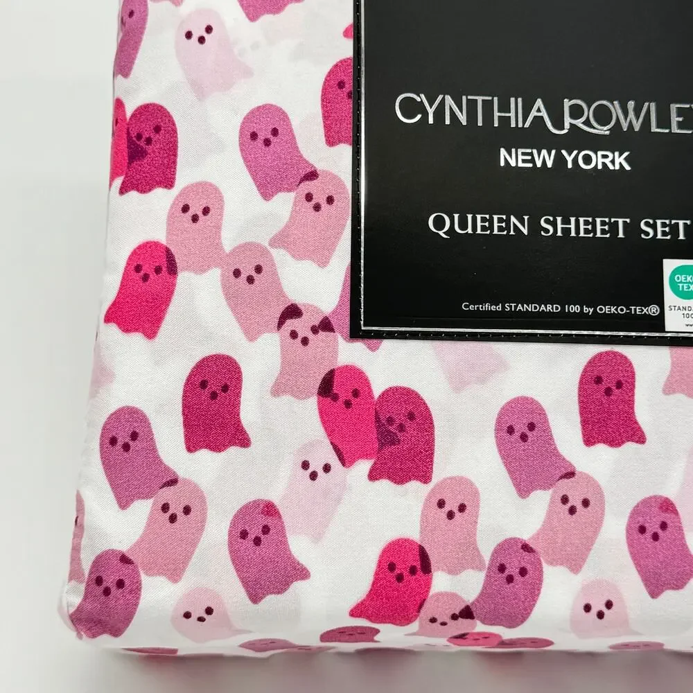 Cynthia Rowley Pink Ghost Halloween QUEEN 4 pc Ghosts Sheet Set NEW